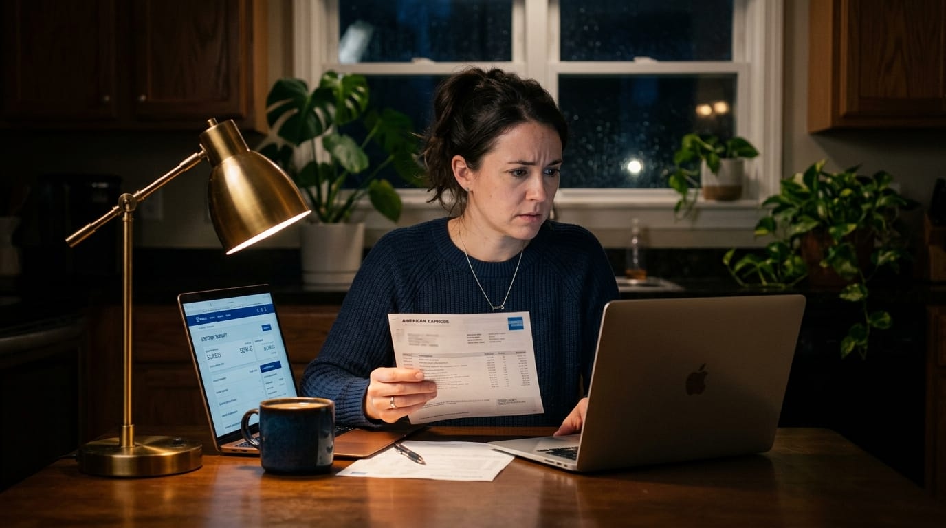 Mulher analisando a fatura do cartão de crédito no notebook à noite, ilustrando o ciclo do mês que vem.