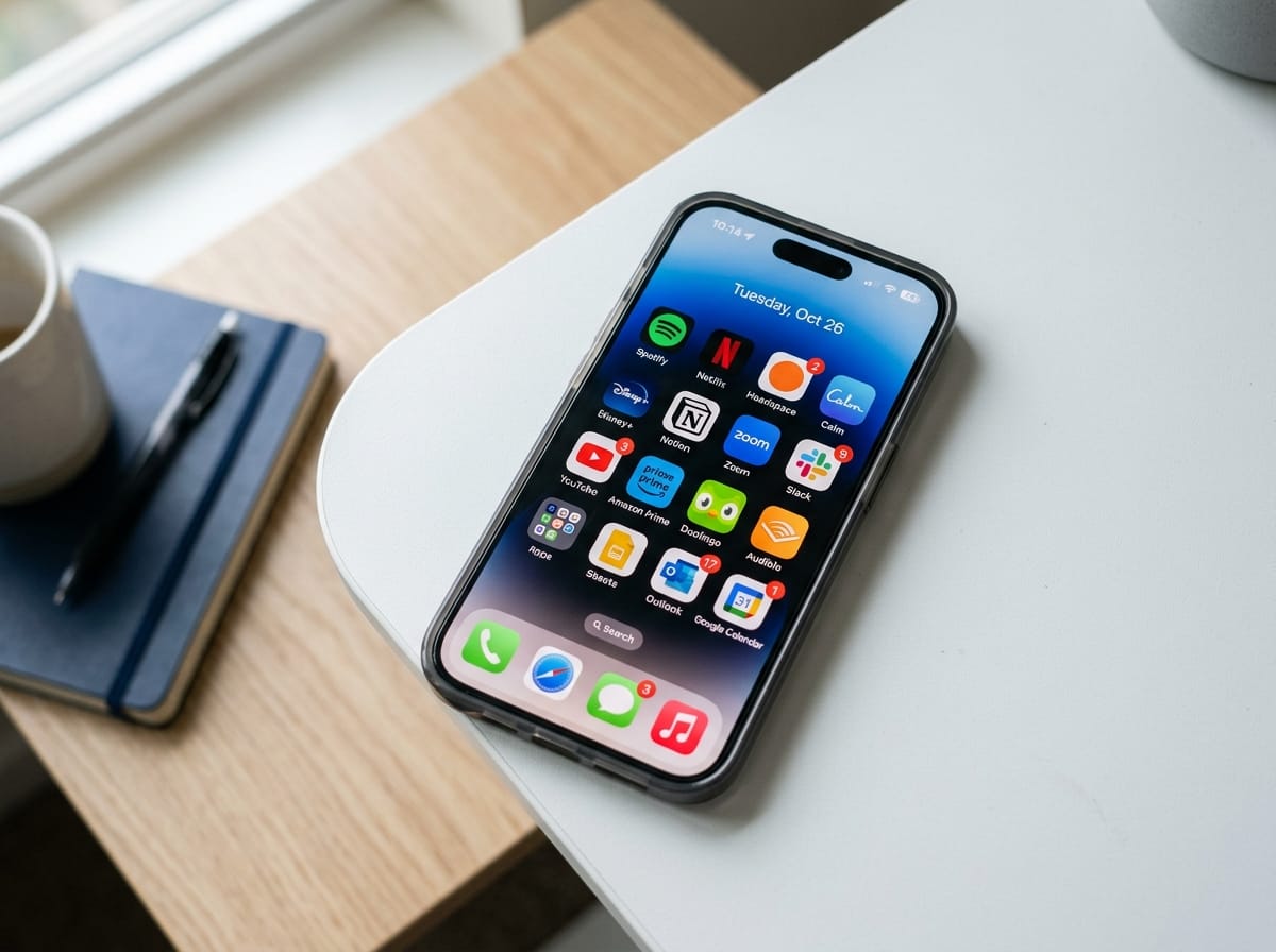 Smartphone aberto mostrando tela com vários aplicativos de streaming e assinaturas — Netflix, aplicativo de meditação, ferramenta de produtividade — ícones e notificações sobrepostos.