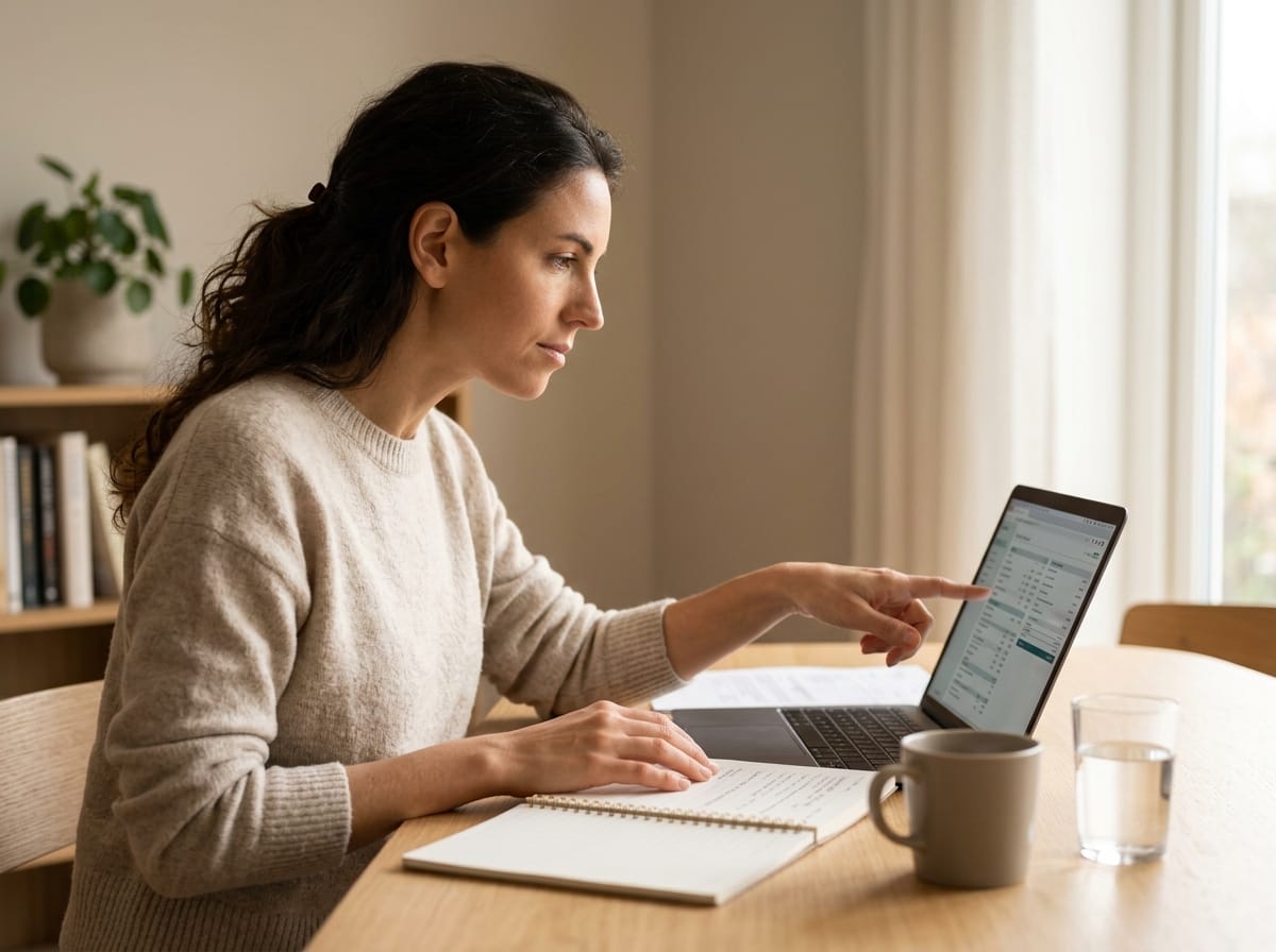 Mulher em casa revisando e marcando itens em uma lista ou planilha, gesto de decisão com dedo apontando para a tela do notebook ou papel, expresão de controle e determinação.