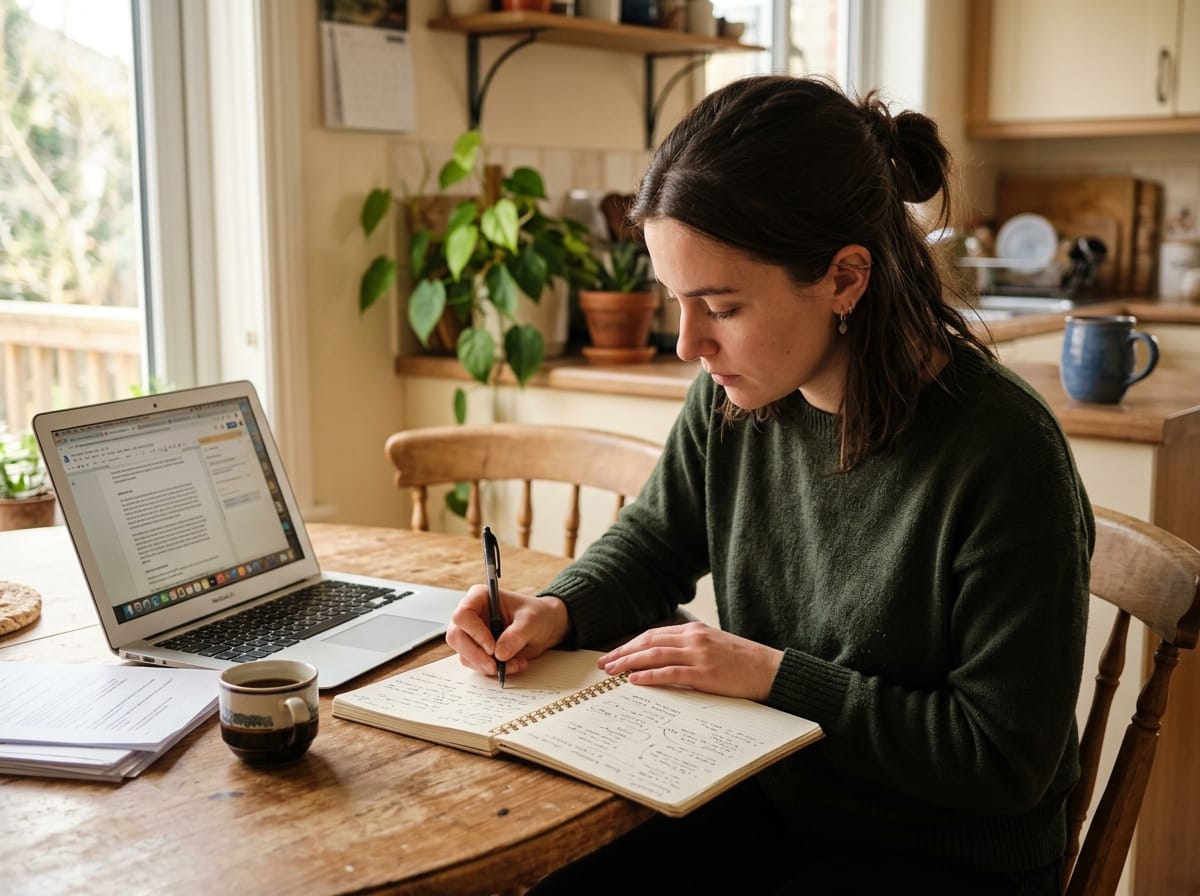 Mulher à mesa da cozinha com notebook e caderno de anotações abertos, caneta na mão, concentrada analisando extrato bancário ou fatura do cartão de crédito.