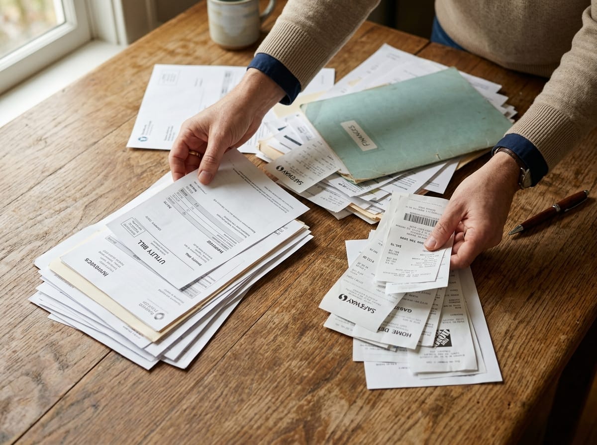 Mãos organizando contas e documentos financeiros em duas pilhas separadas sobre mesa de madeira