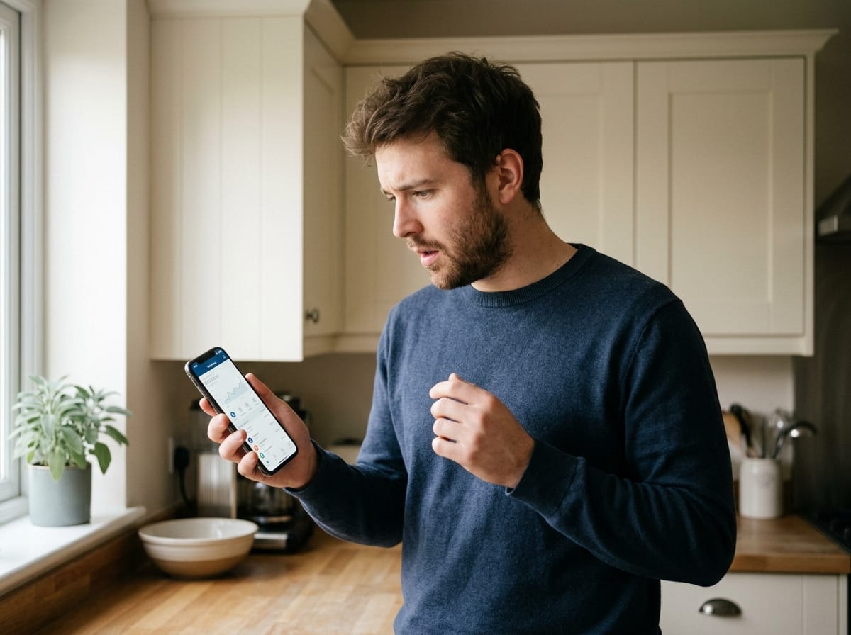 Pessoa verificando saldo bancário no celular com expressão de surpresa e preocupação discreta