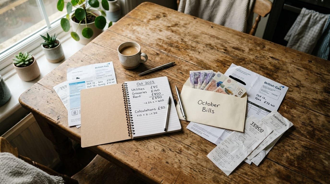 Mesa de cozinha com contas, caderno de anotações e envelope com notas separadas — representando o primeiro passo para começar reserva de emergência