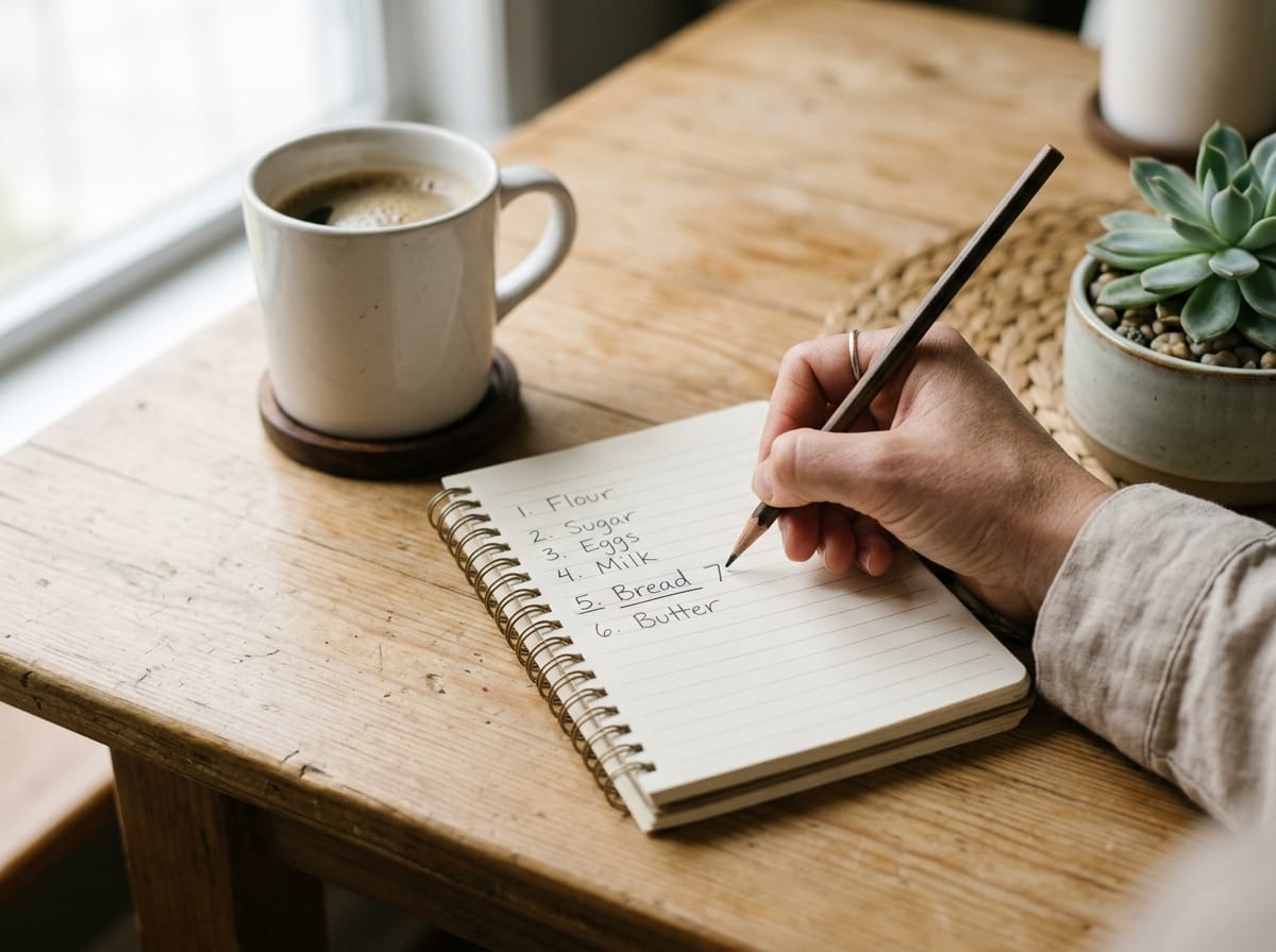 Mão feminina escrevendo valor em caderno de anotações sobre mesa de cozinha, com caneca de café desfocada ao lado