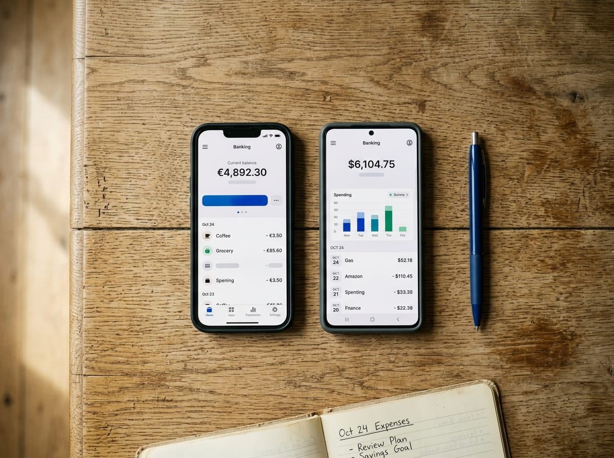Dois celulares com aplicativos bancários sobre mesa de madeira, representando a separação do dinheiro em contas distintas