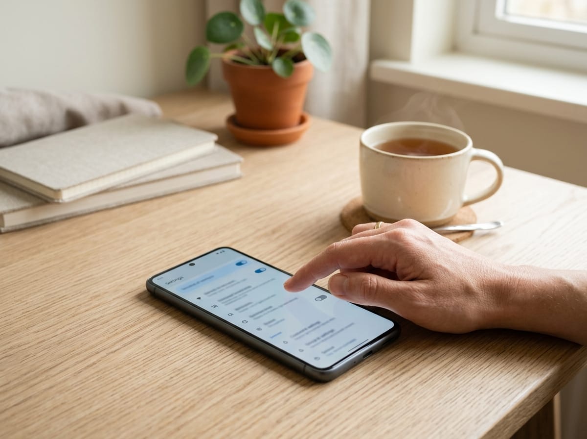 mão prestes a tocar tela de smartphone mostrando menu de configurações com texto desfocado, pousado sobre mesa clara ao lado de xícara de chá