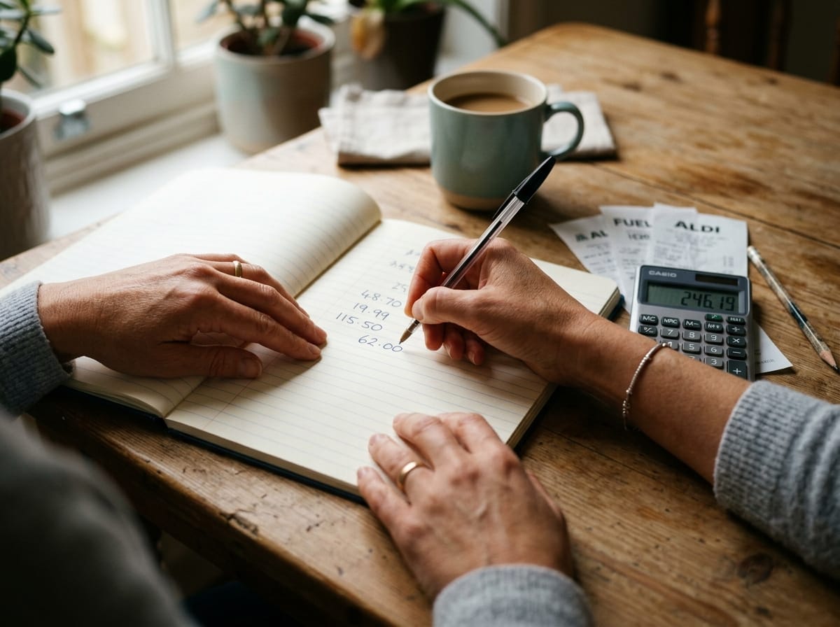 Mãos femininas escrevendo valores em caderno sobre mesa de cozinha, calculadora simples ao lado, montando o orçamento mensal