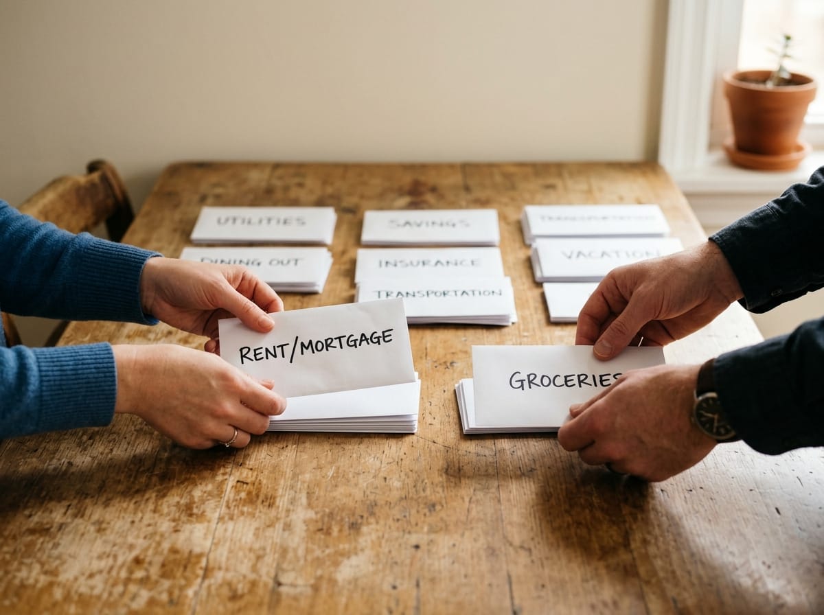 Mãos organizando envelopes com etiquetas de categorias de orçamento sobre mesa de madeira — separação consciente dos percentuais de gastos mensais