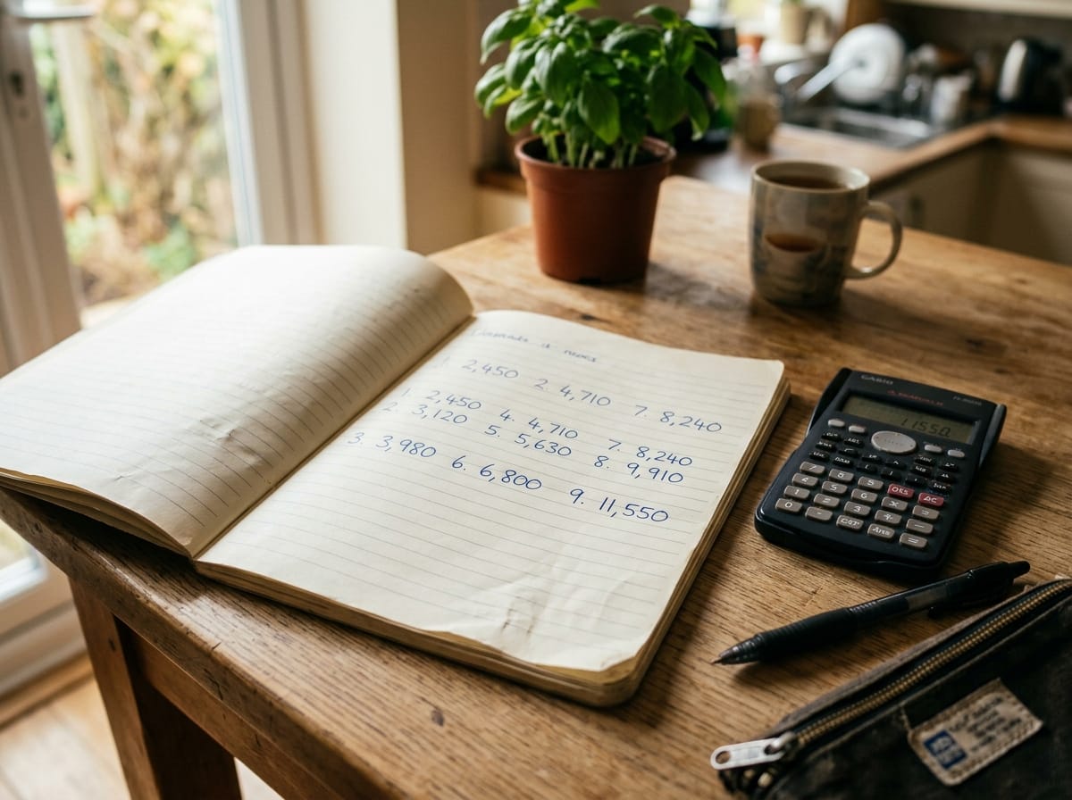 Caderno aberto com valores crescentes escritos à mão e calculadora ao lado — representando o crescimento dos juros do rotativo mês a mês
