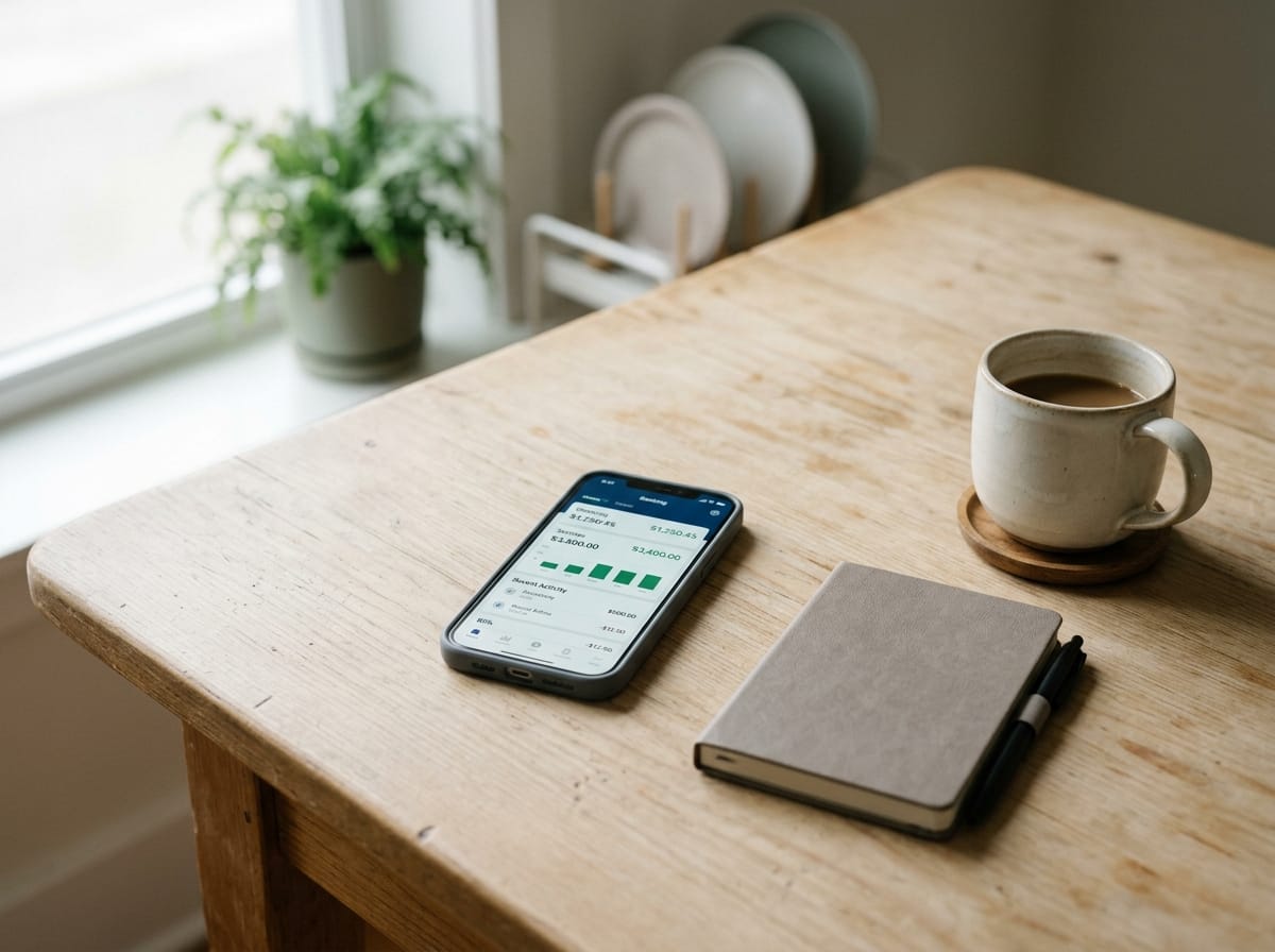 Smartphone sobre mesa com aplicativo de banco mostrando saldo organizado, ao lado de caderno de anotações e xícara de café