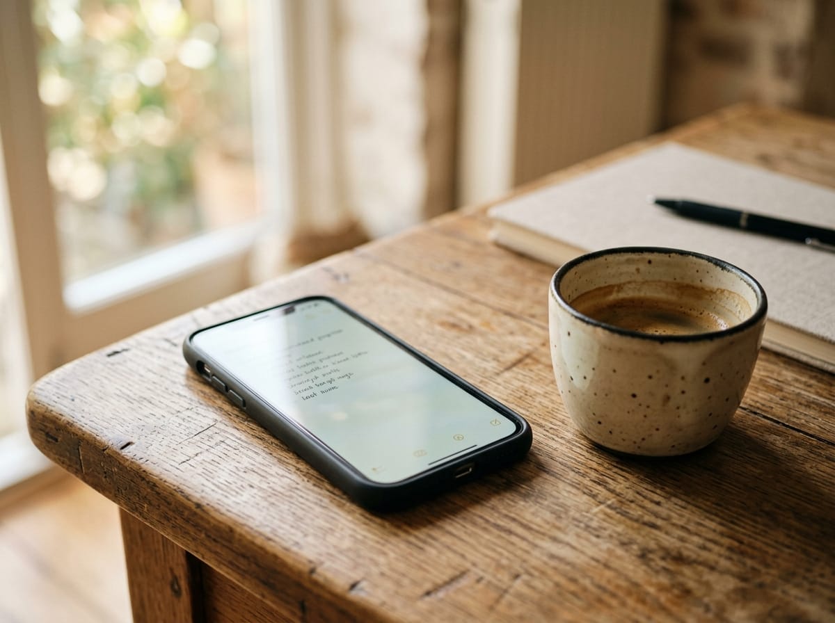 Smartphone sobre mesa de madeira com app de notas aberto mostrando uma lista, xícara de café ao lado