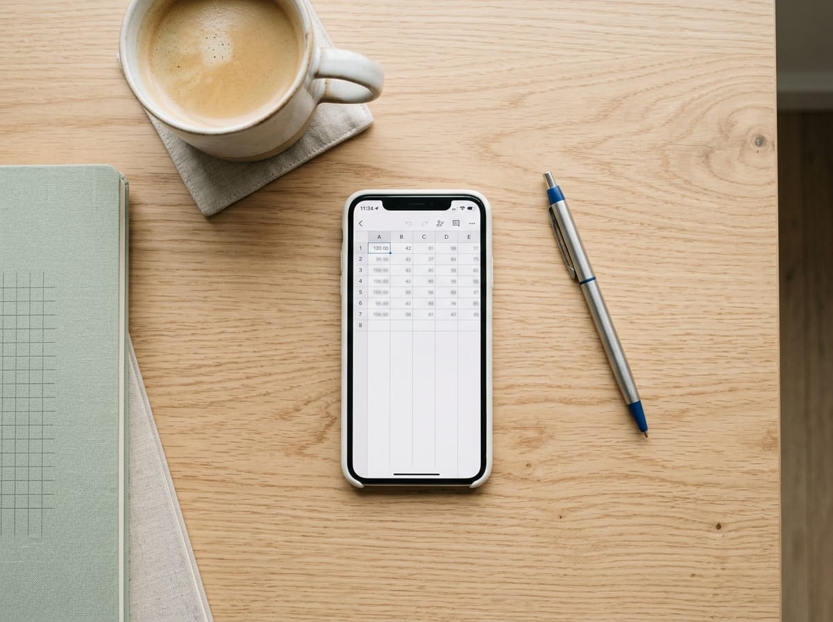 Smartphone com planilha de gastos mensais simples sobre mesa de madeira, caneta e xícara ao lado