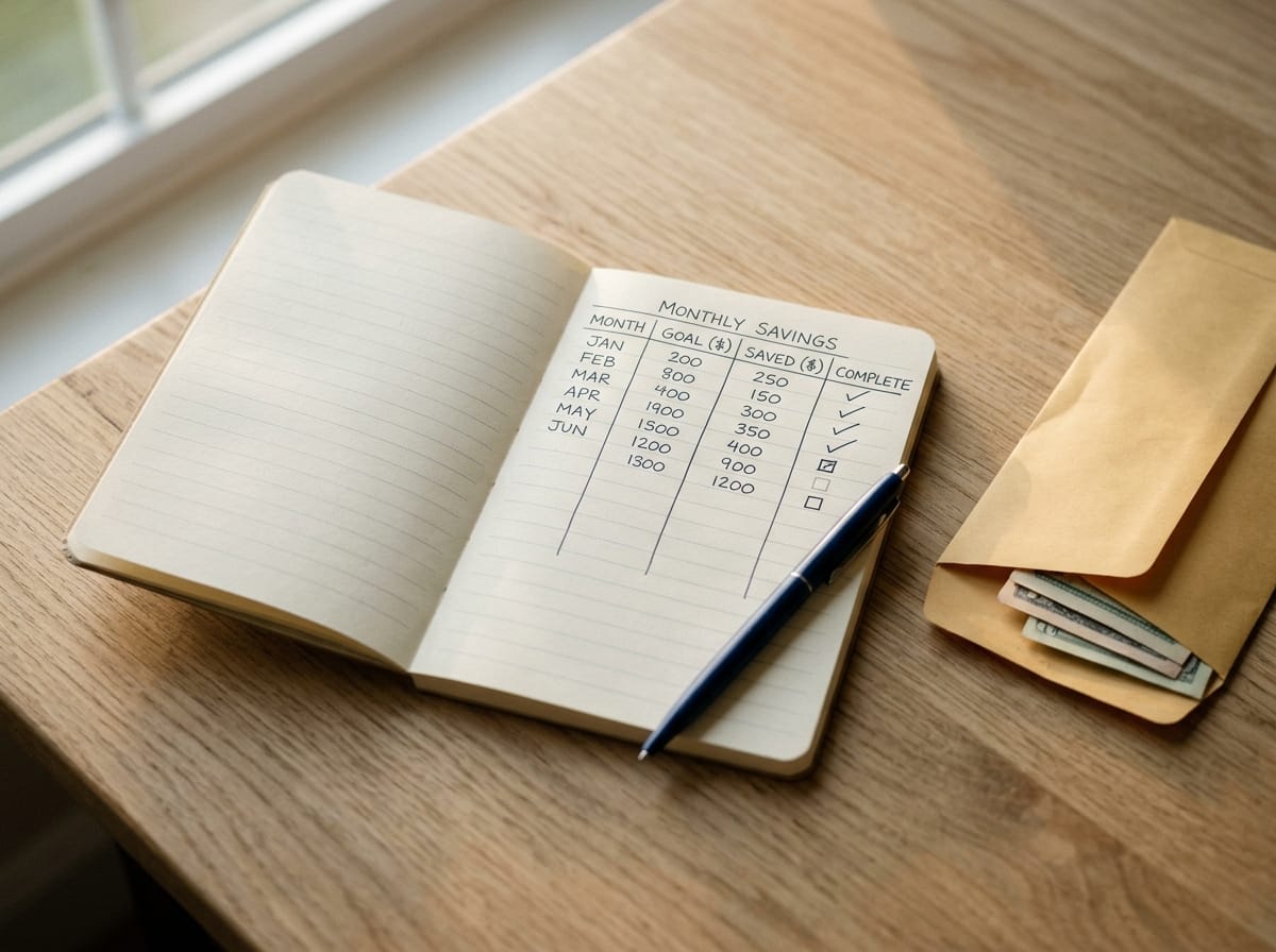 Caderno com tabela de poupança mensal e caneta sobre mesa, ao lado de envelope com notas dobradas, representando o plano de guardar para a reserva