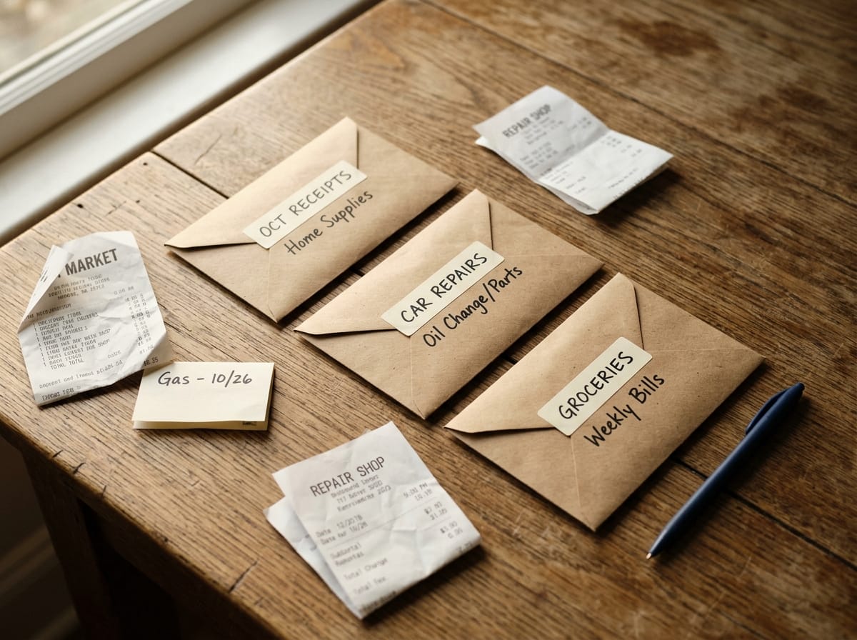 Três envelopes de papel com etiquetas escritas à mão sobre mesa de madeira, representando as categorias de gastos fixo, variável e guardar
