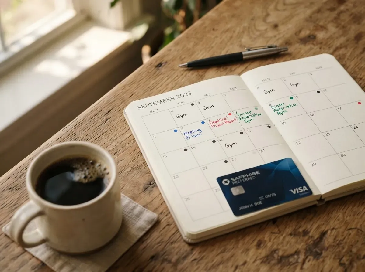 Calendário aberto mostrando marcações de datas, com um cartão de crédito físico ao lado, ilustrando o intervalo entre compra e fatura
