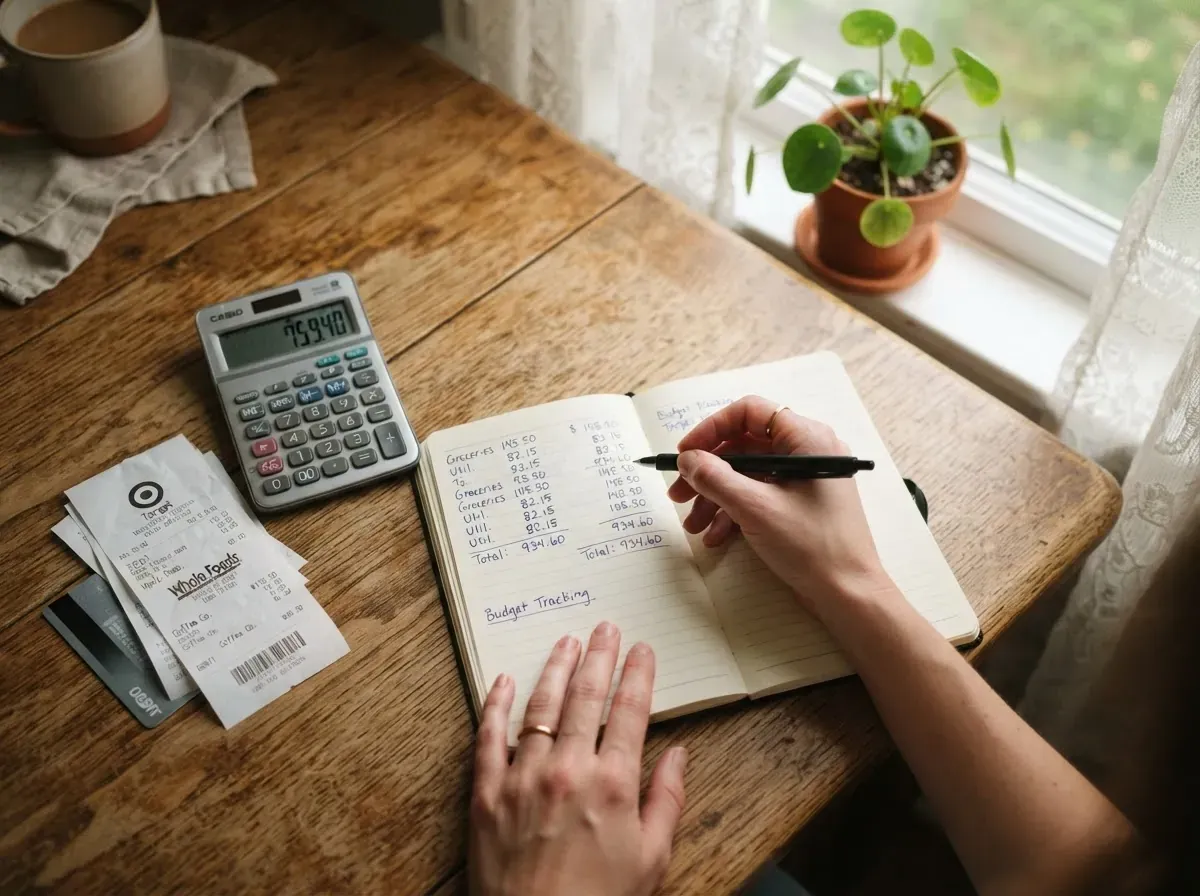 Mãos anotando um número em um caderno sobre mesa de madeira, com calculadora e recibos ao redor, representando o momento de decidir o limite mensal