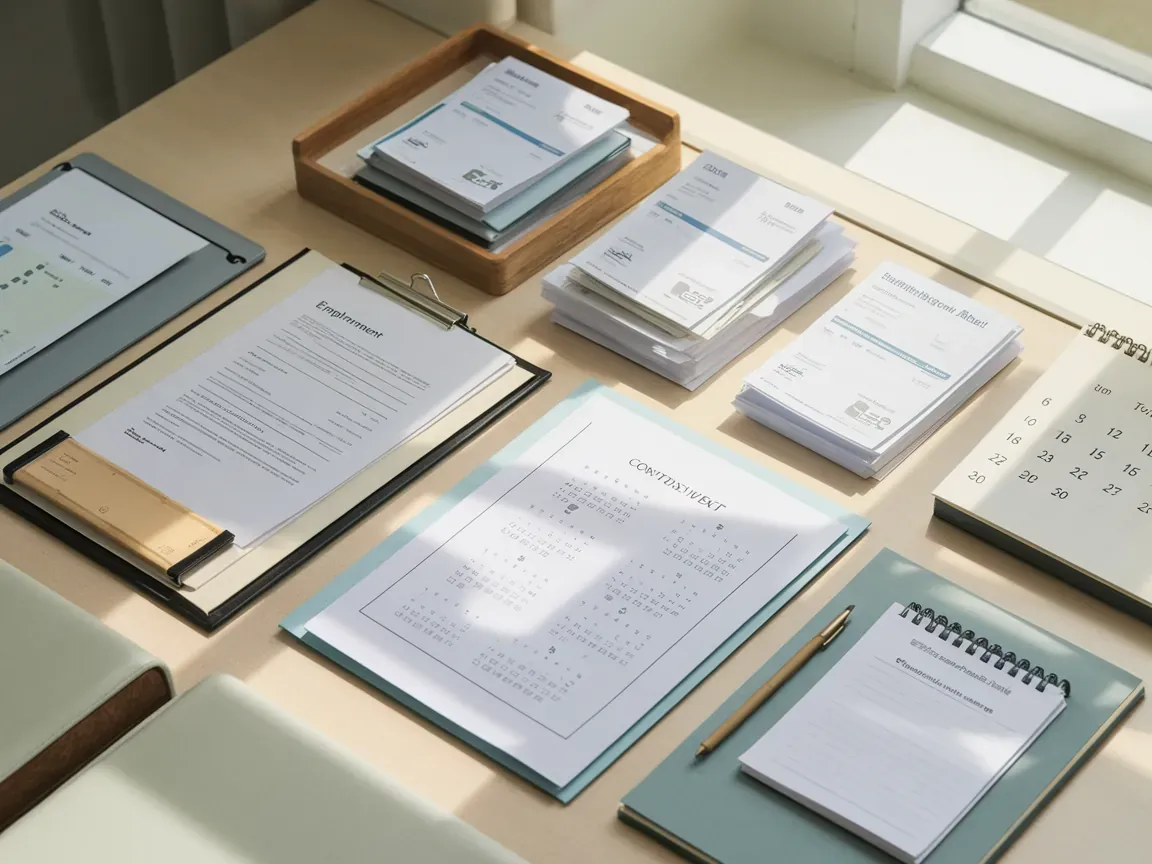 Mesa com documentos - contrato de trabalho, calendário, recibos organizados, anotações em caderno sobre circunstâncias pessoais.