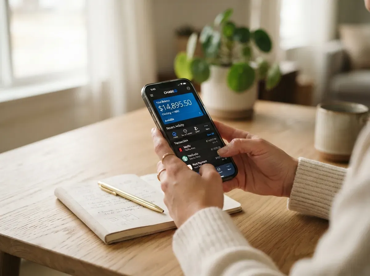 Smartphone mostrando app bancário com saldo visualizado, seguro nas mãos sobre mesa, representando o momento de conferir o saldo sem surpresa