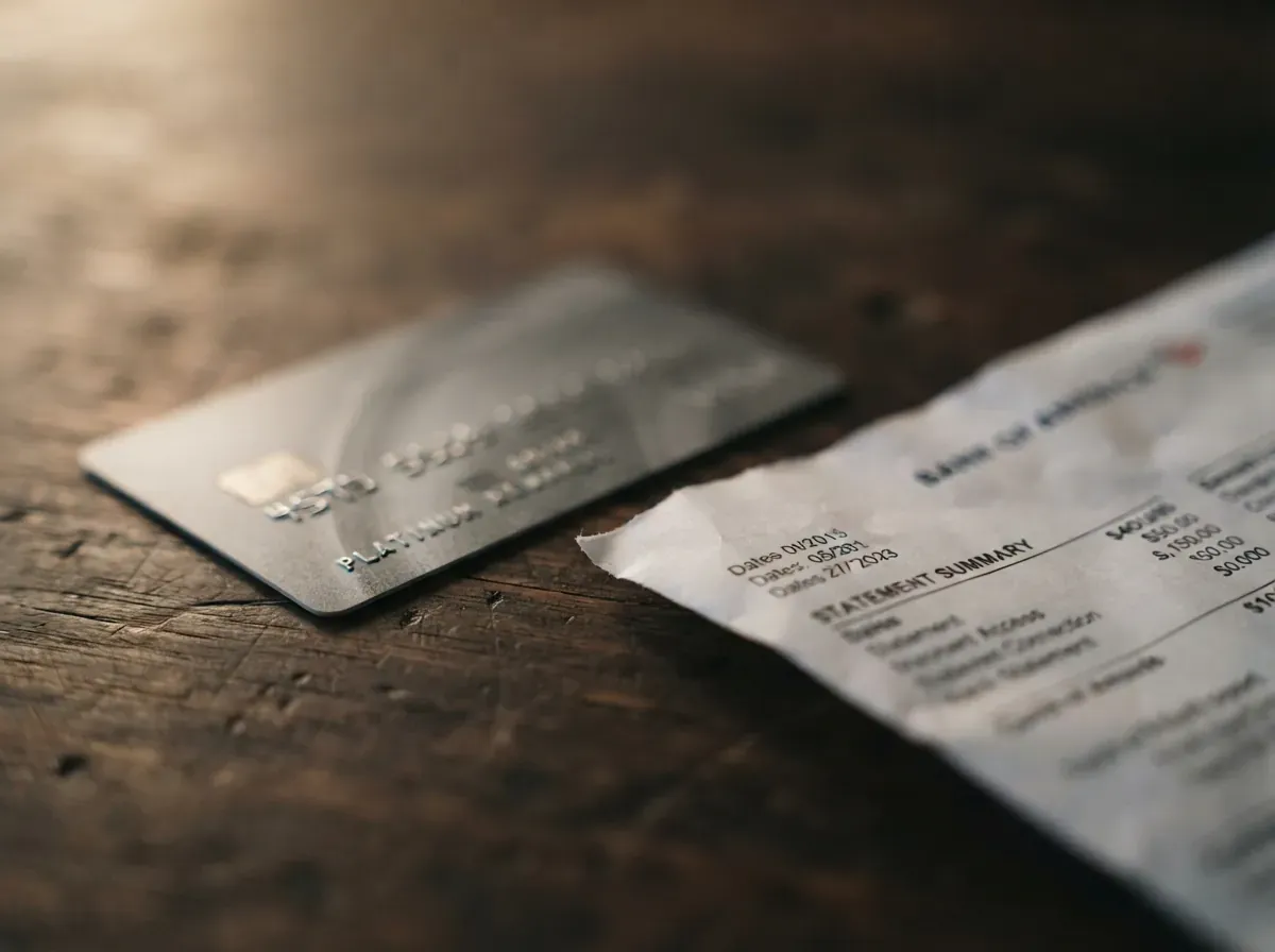Cartão de crédito físico ao lado de extrato bancário parcialmente visível, iluminação baixa sugerindo tomada de decisão discreta
