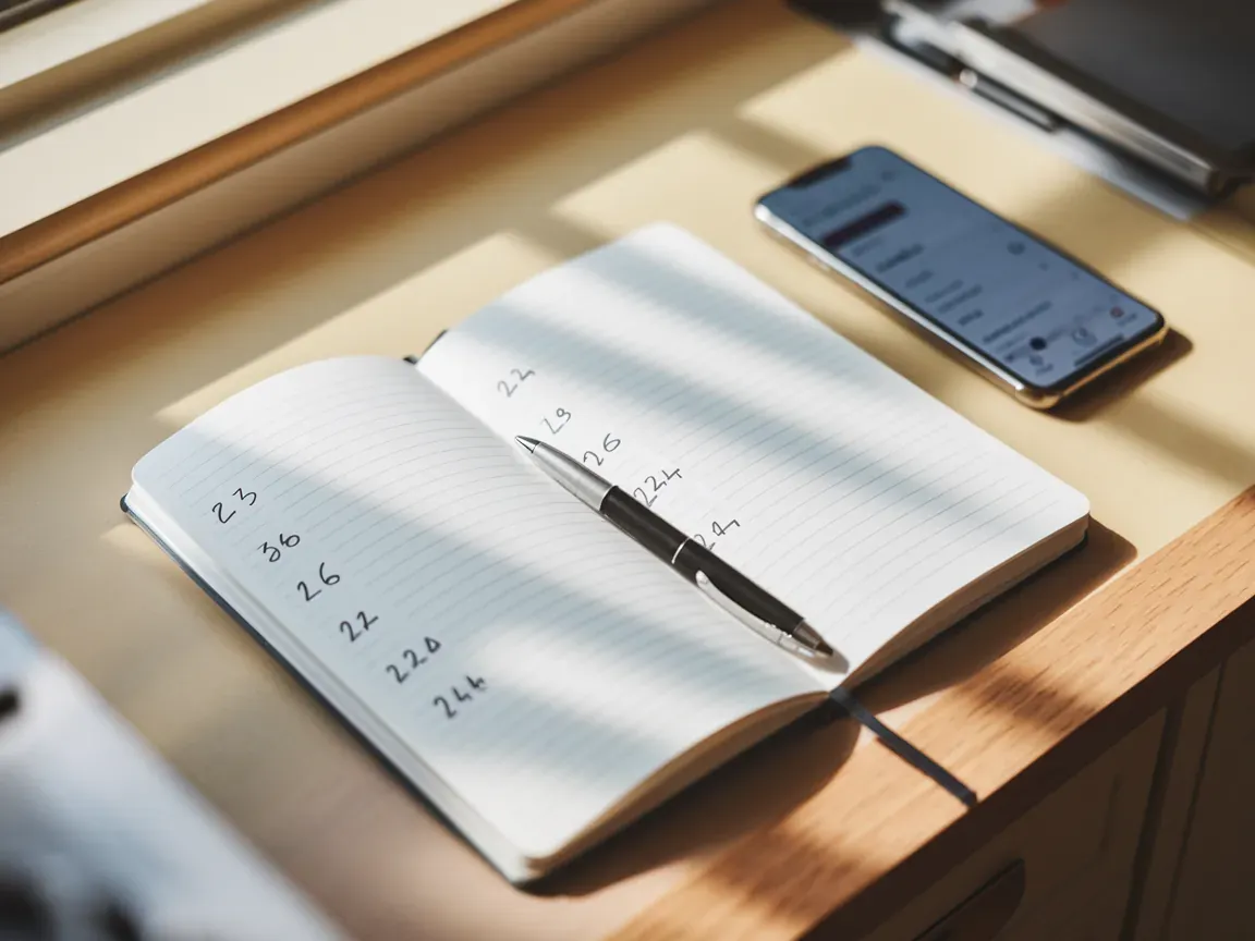 Caderno de notas com números diferentes escritos em sequência (3, 6, 12, 24), caneta preta sobre a mesa, smartphone ao lado mostrando resultado de busca desfocado.