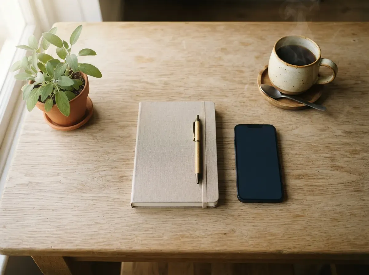 Caderno fechado, celular e caneca de café sobre mesa de madeira pela manhã, ao lado de uma planta