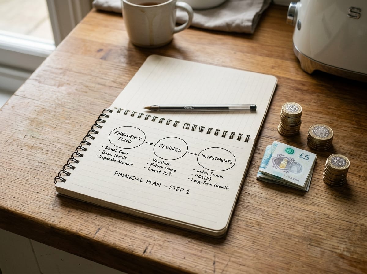 Caderno com esboço de plano de distribuição financeira.