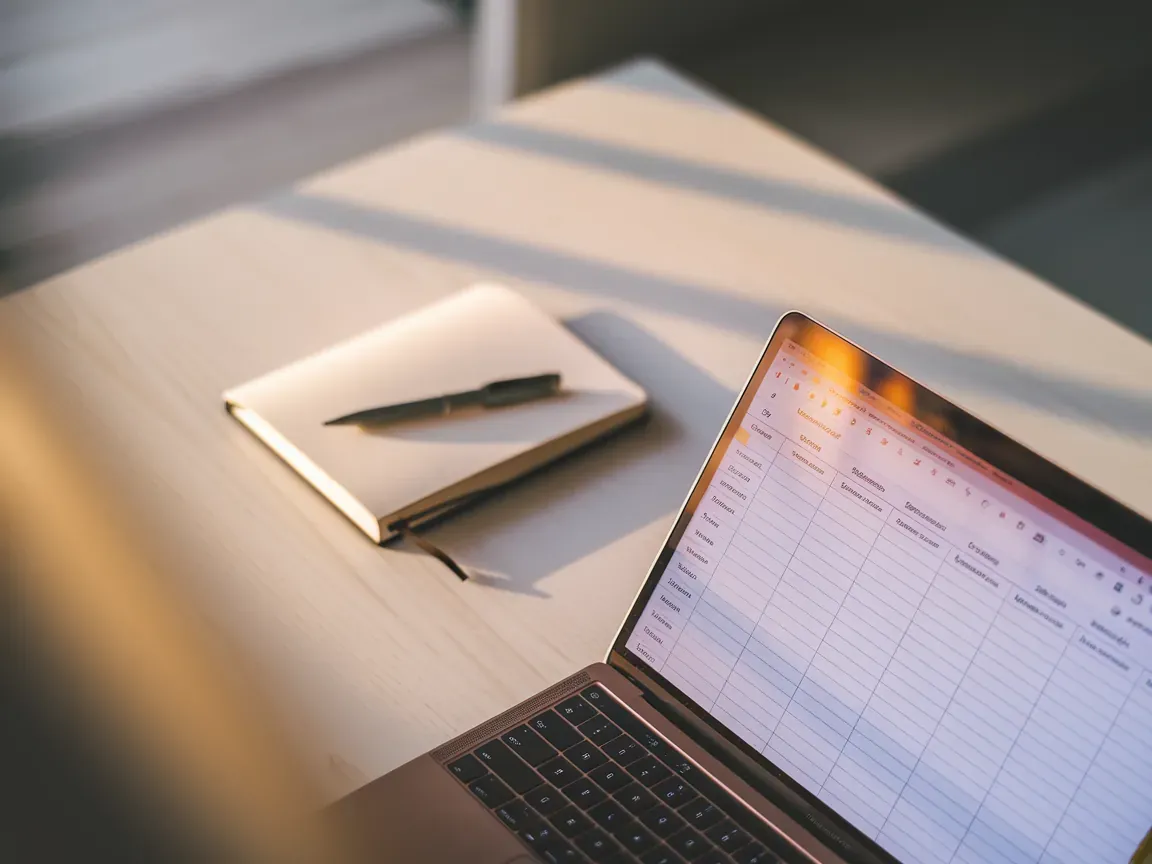 Laptop aberto com planilha Google Sheets mostrando 5 colunas simples na tela, caderno e caneta ao lado em mesa minimalista.