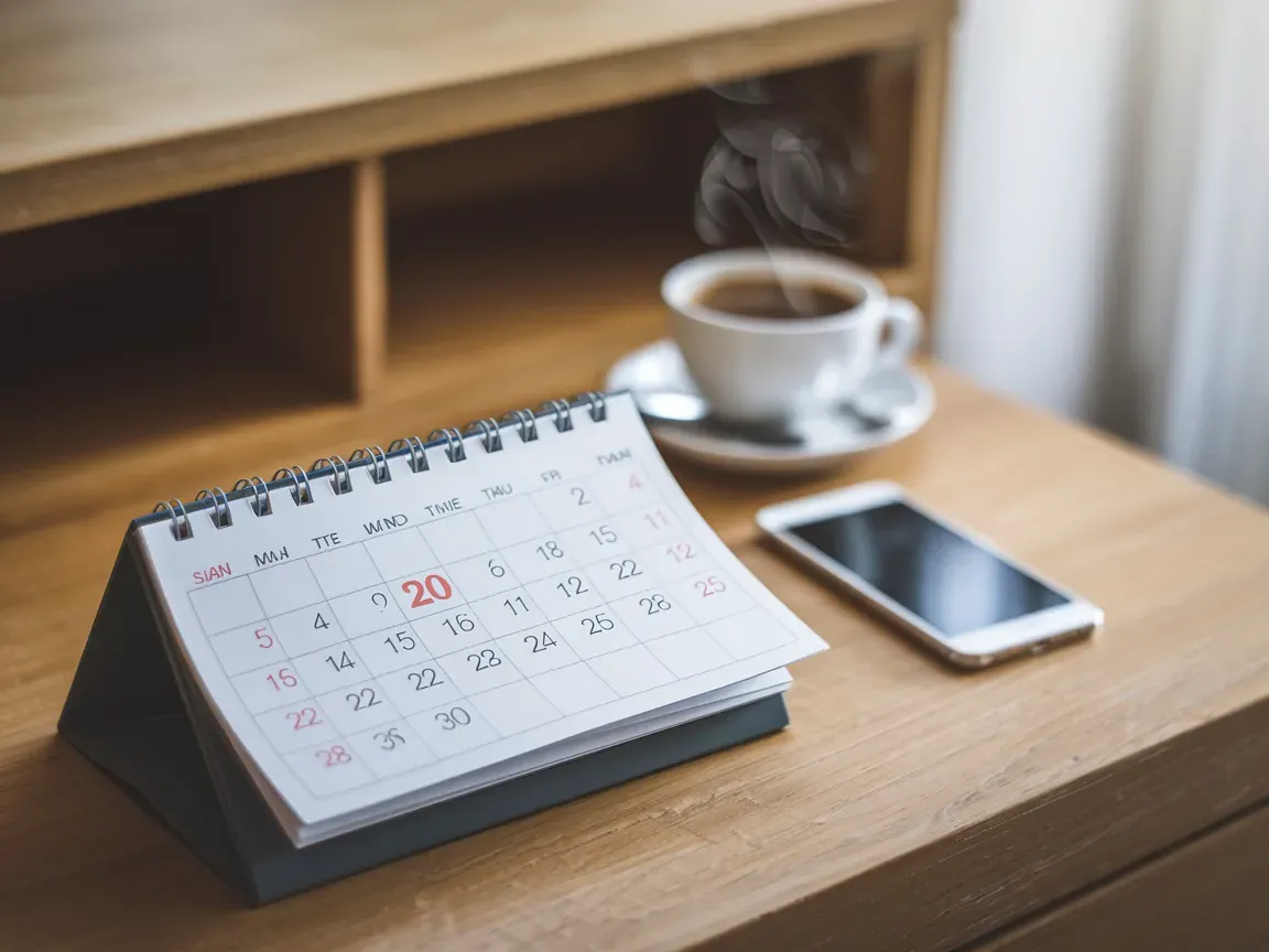 Calendário na mesa com dia 20 marcado em vermelho, smartphone e xícara de café ao lado.