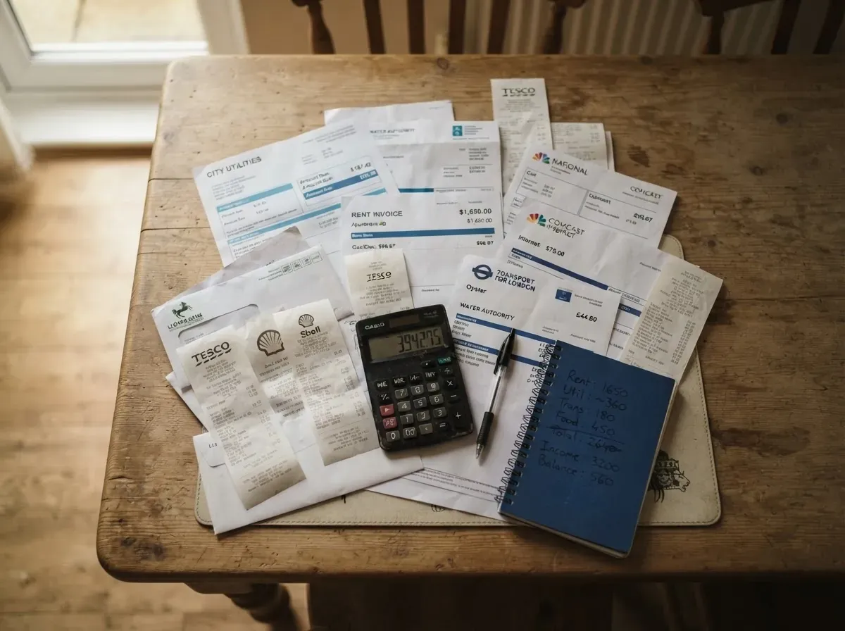 Contas espalhadas sobre mesa de madeira com calculadora mostrando o custo real de vida.
