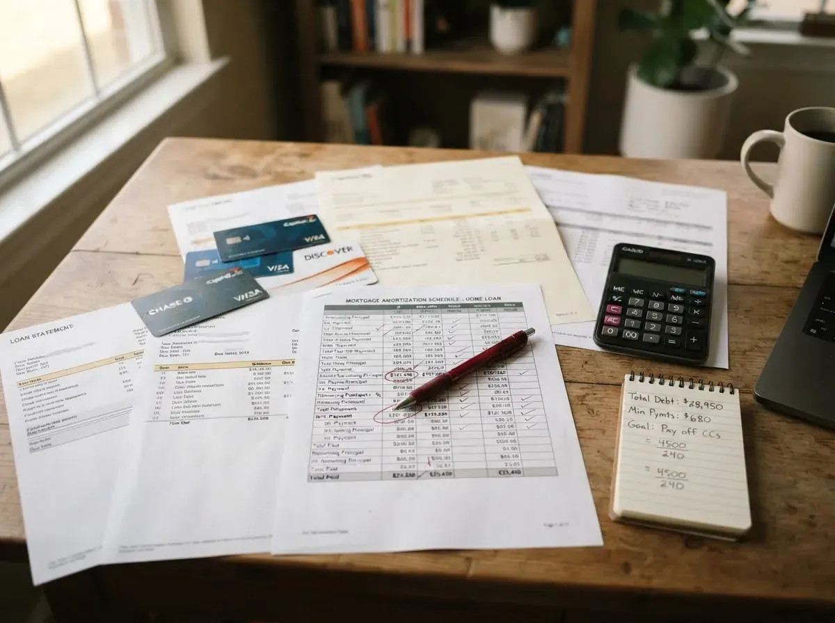 Mesa com contas de cartão de crédito, extrato de empréstimo, calculadora e anotações sobre taxas.
