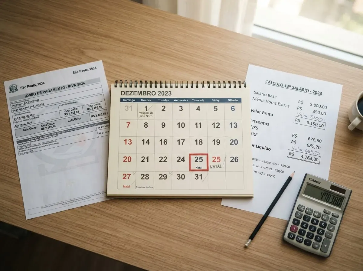 Calendário aberto com notificações de IPVA e 13º salário ao redor, mostrado em cima de mesa de madeira com calculadora.