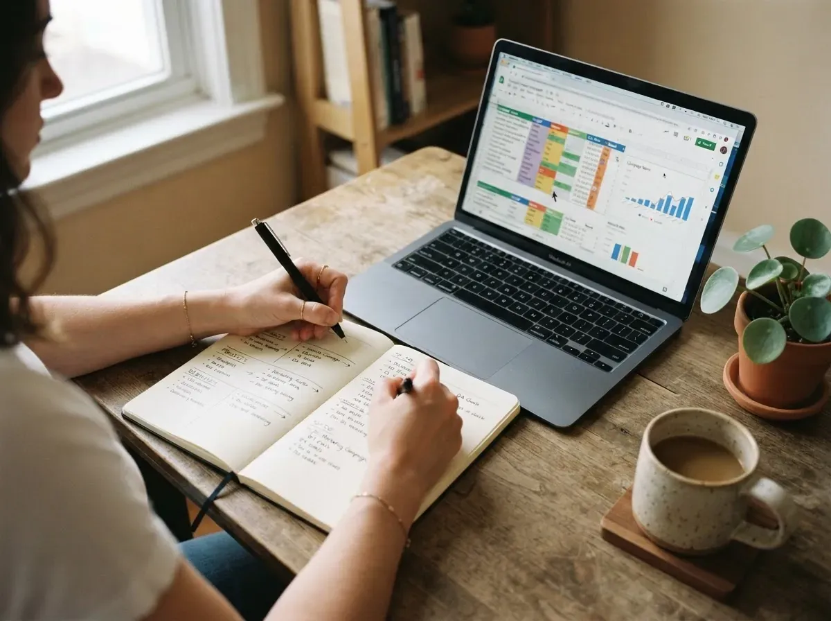 Mãos escrevendo categorias de orçamento em caderno ao lado de laptop com planilha.