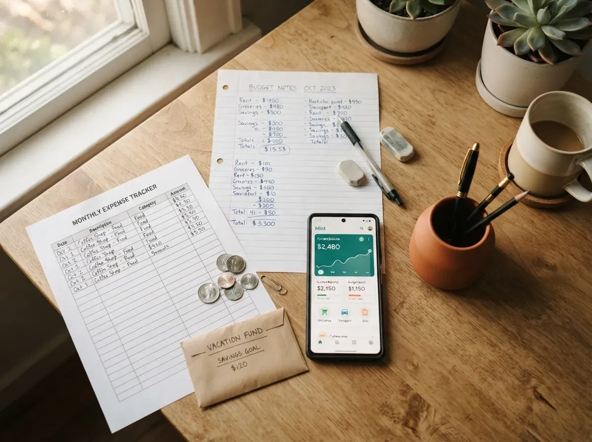Diversos métodos pessoais de orçamento: anotações à mão, rastreador impresso, app financeiro e envelope de papel.