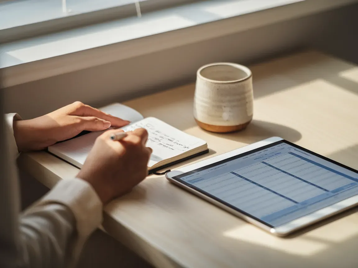 Mãos femininas escrevendo em um caderno com uma planilha aberta em um tablet ao lado, sobre uma mesa clara com uma xícara de café