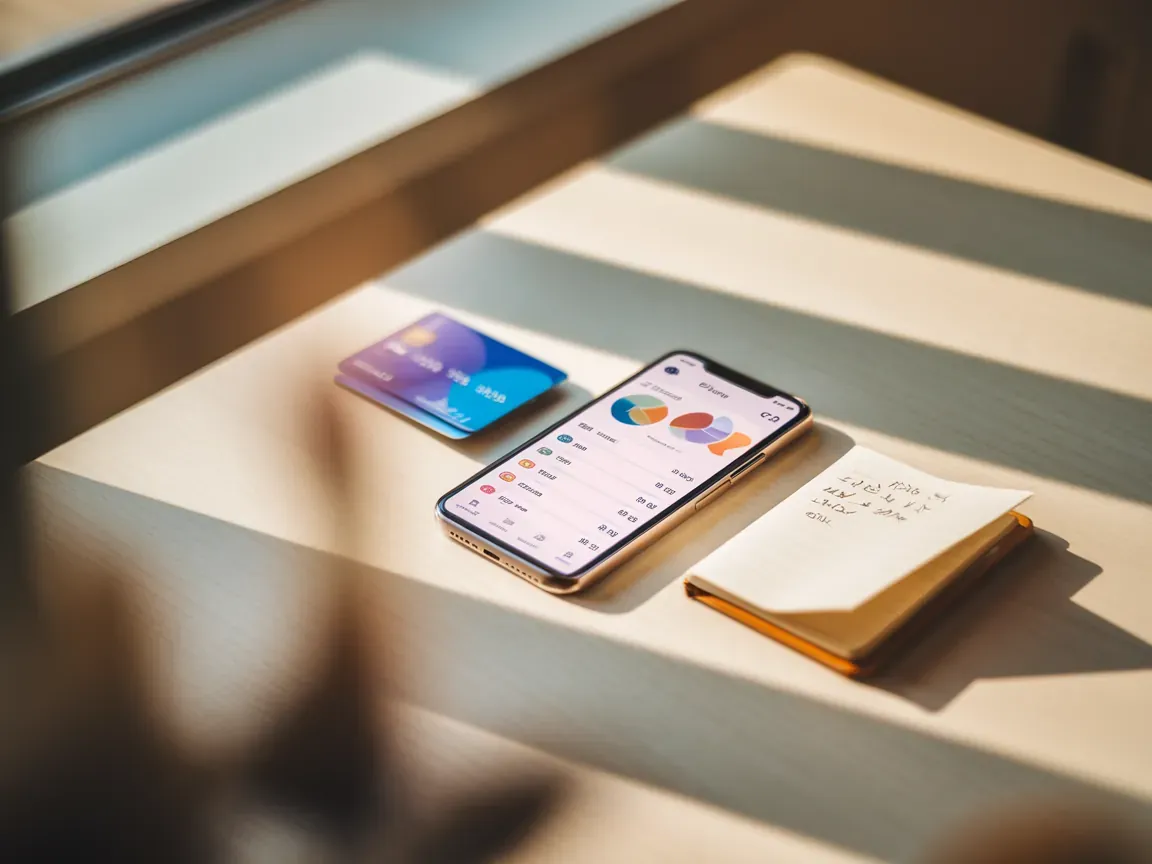 Celular exibindo app de orçamento com cores e gráficos, sobre mesa ao lado de cartão e anotações