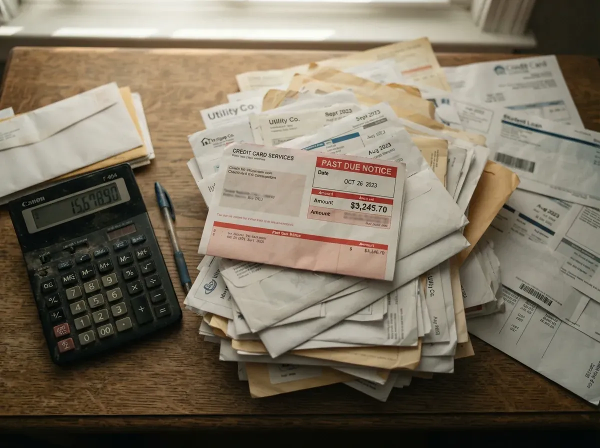 Vista de cima de uma mesa com contas e extratos de cartão de crédito empilhados caoticamente, calculadora mostrando números inalterados, nenhuma redução visível no papel acumulado.