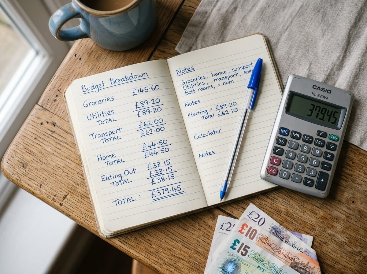 Caderno com anotações de cálculo de custo real do cartão, calculadora e faturas sobre mesa
