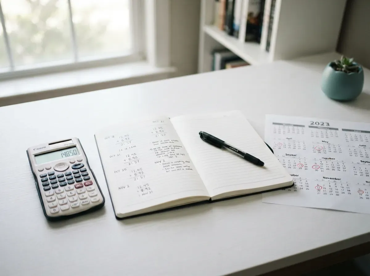 Calculadora, papel com números manuscritos, caneta, e calendário marcado em mesa branca, representando um processo longo