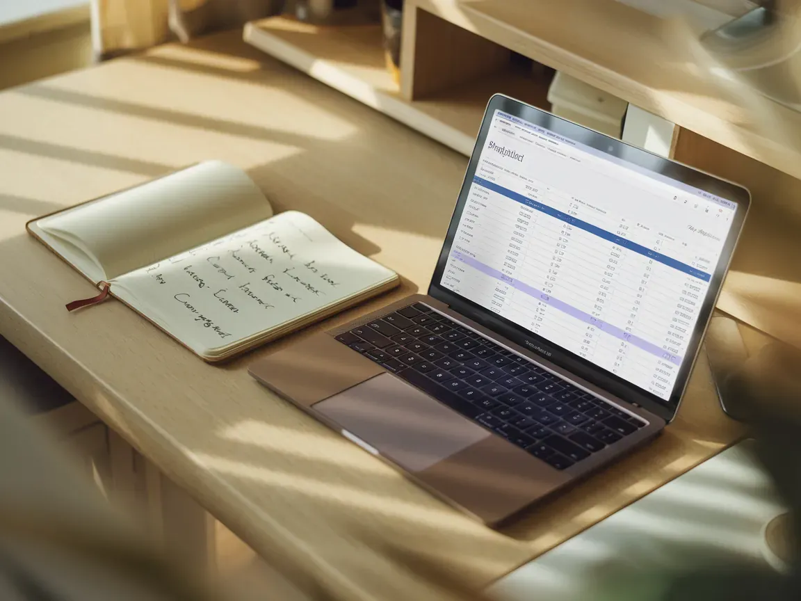Laptop aberto em mesa de madeira exibindo planilha de controle financeiro com múltiplas colunas de categorias, caderno físico com nomes de categorias anotados à mão.