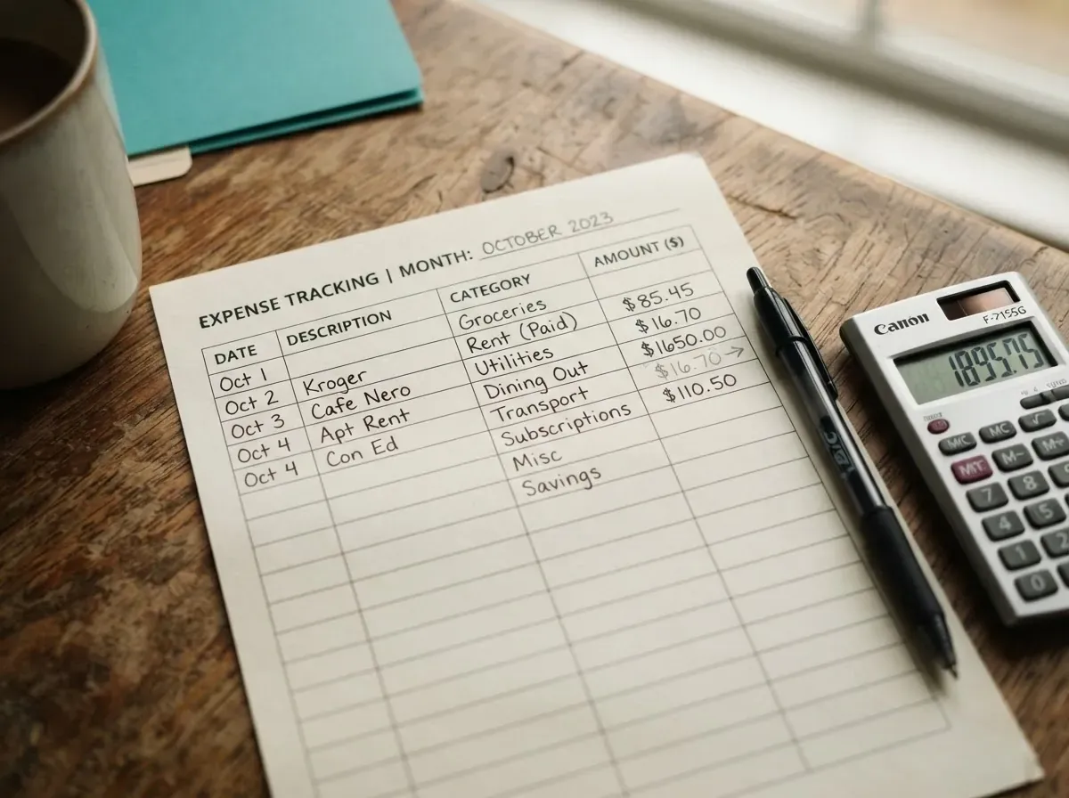 Papel com diferentes categorias de gastos escritas à mão, organizadas em grupos, com caneta e calculadora ao lado