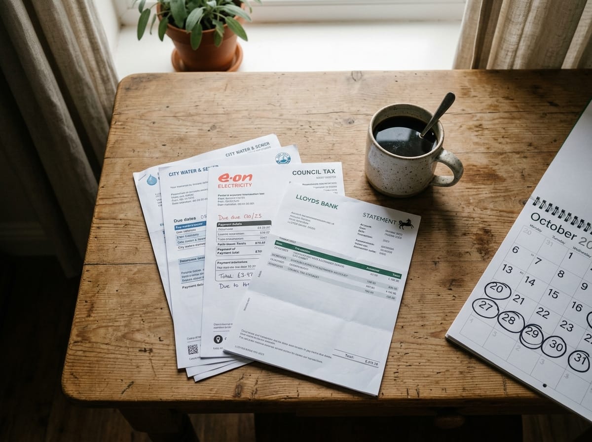 Pilha de contas e extrato bancário sobre mesa de cozinha com calendário ao fundo e datas circuladas, fim de mês financeiro apertado