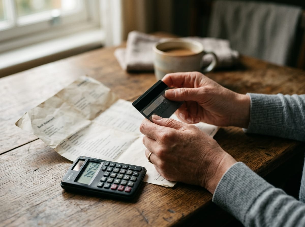 Mãos femininas segurando cartão de crédito sobre mesa com extrato bancário e calculadora