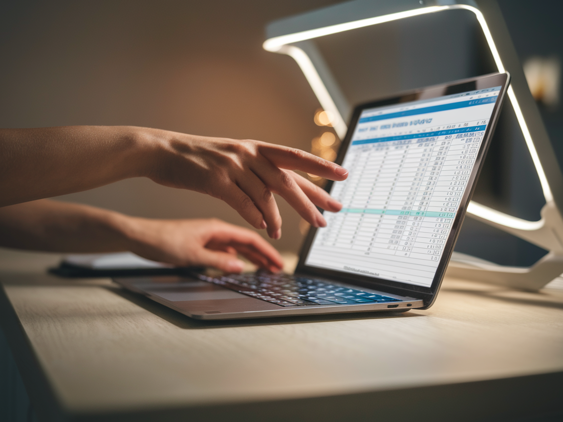 Mãos femininas sobre teclado de notebook mostrando planilha aberta com categorias de gastos e campos de distribuição de renda