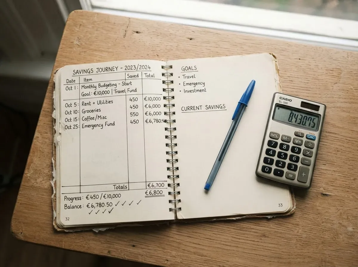 Caderno aberto com anotações de orçamento e poupança, caneta, calculadora pequena sobre mesa de madeira clara