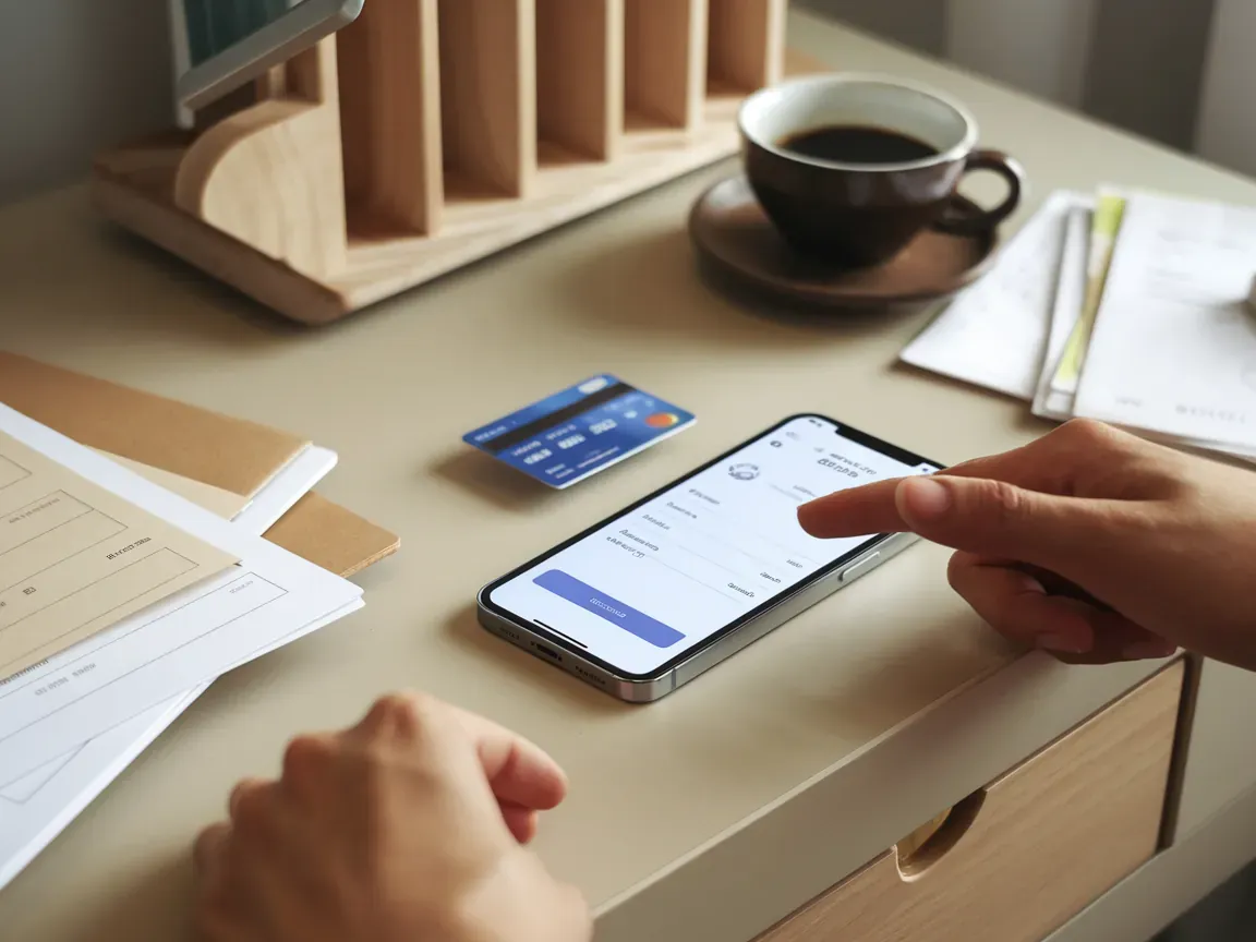 Cartão de crédito e smartphone com tela de compra online sobre mesa de luz, mãos prontas para confirmar transação, xícara de café ao lado