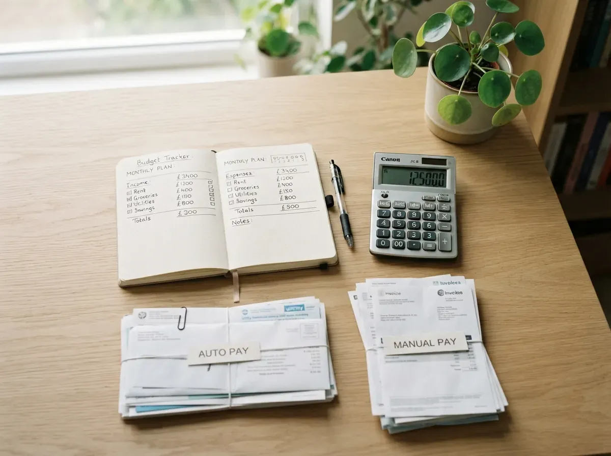 Mesa de escritório com caderno aberto de anotações de orçamento, calculadora, caneta e pilhas de contas organizadas em dois grupos representando métodos diferentes de pagamento.