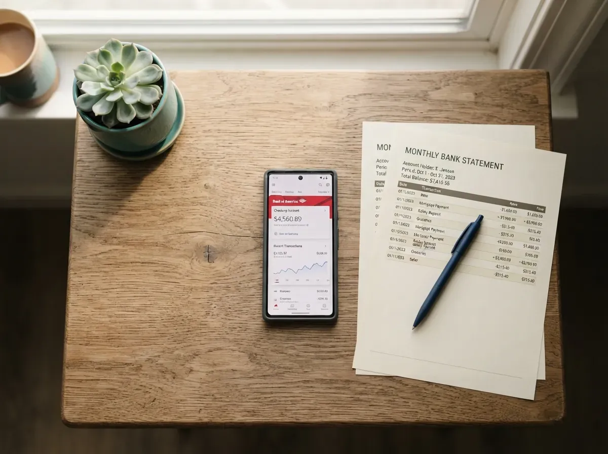 Mesa de trabalho vista de cima com smartphone mostrando app bancário, extratos impressos e caneta, escolha entre tesouro selic e reserva