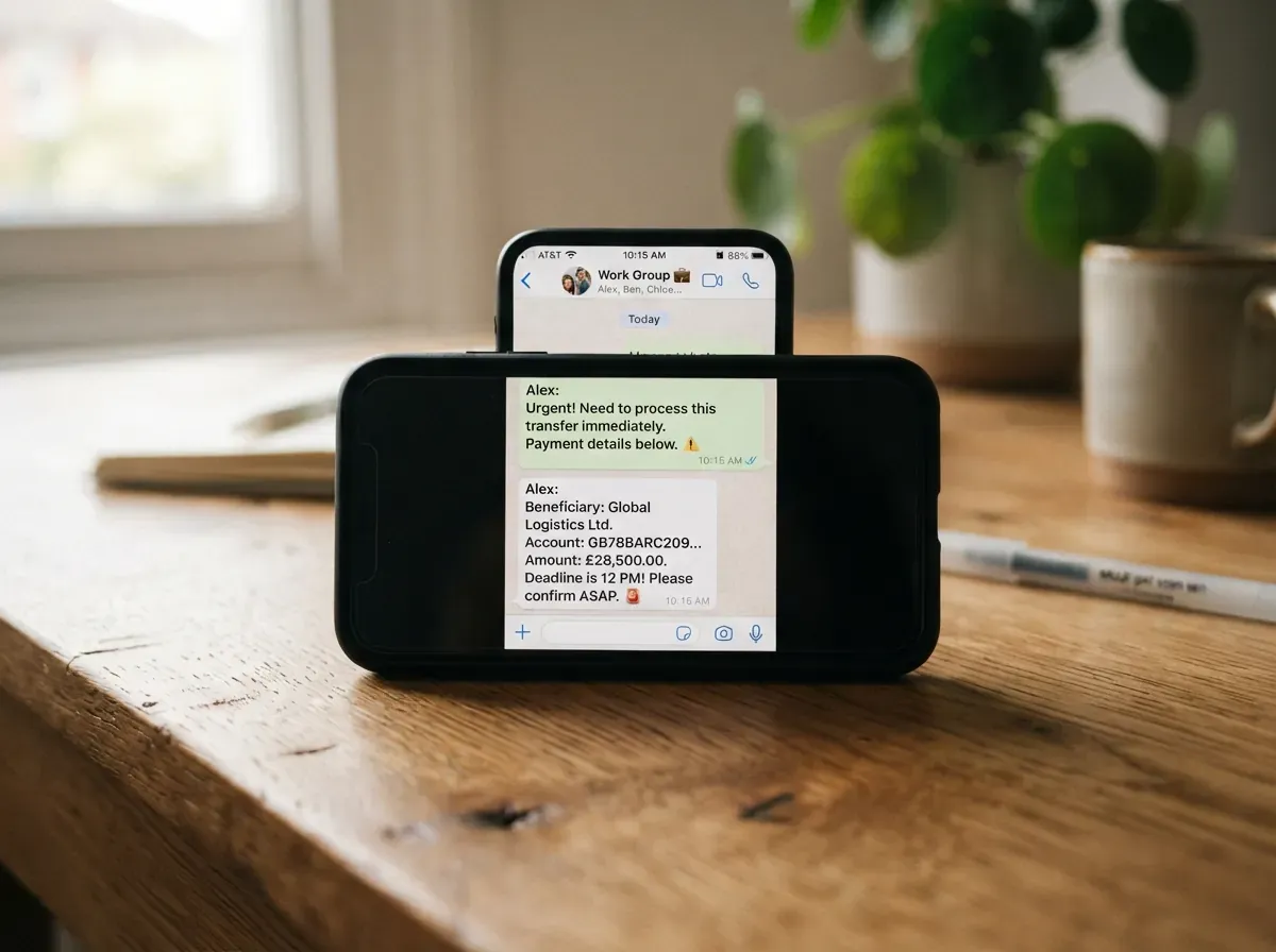 Tela de smartphone mostrando diálogo de WhatsApp com mensagem de transferência urgente, superfície de madeira ao fundo, iluminação natural morna.