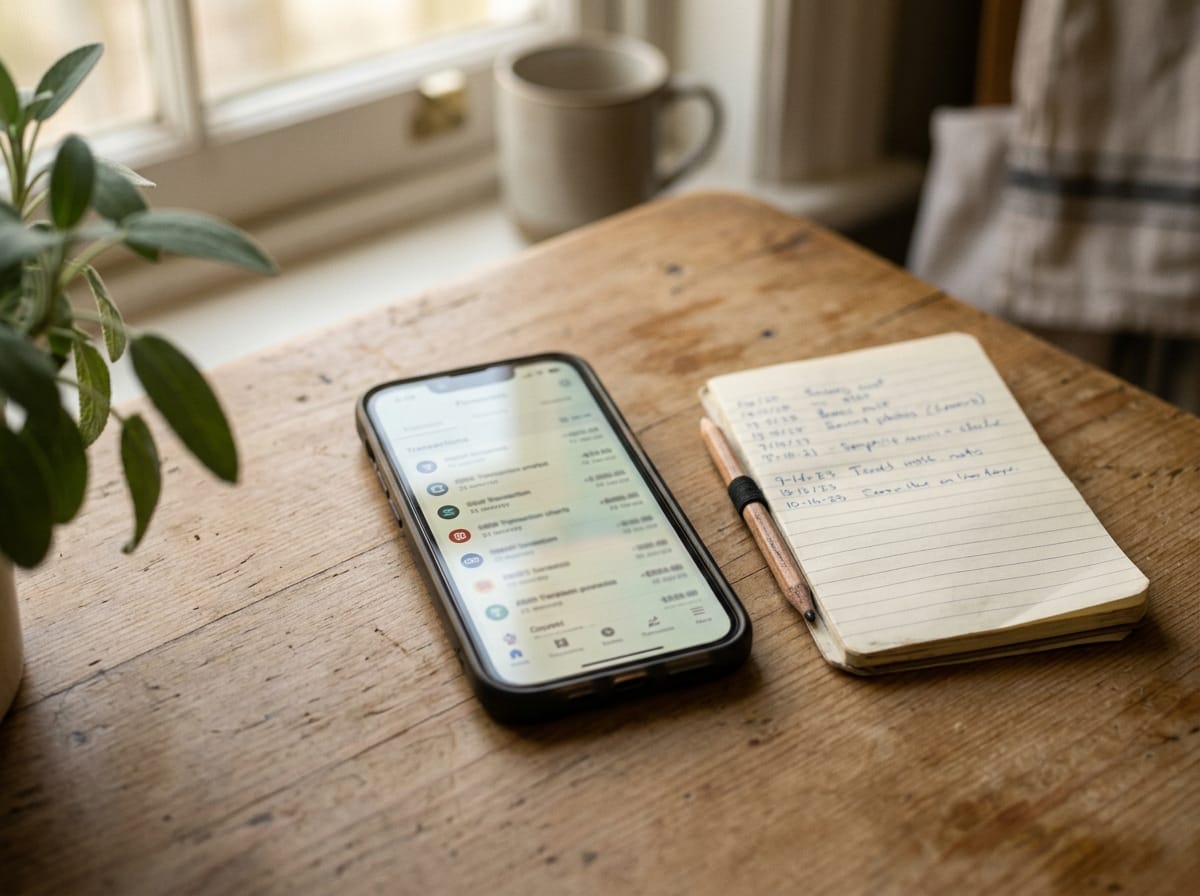 Smartphone com extrato financeiro ao lado de caderno com anotações sobre mesa de cozinha, para montar o orçamento a partir dos dados reais
