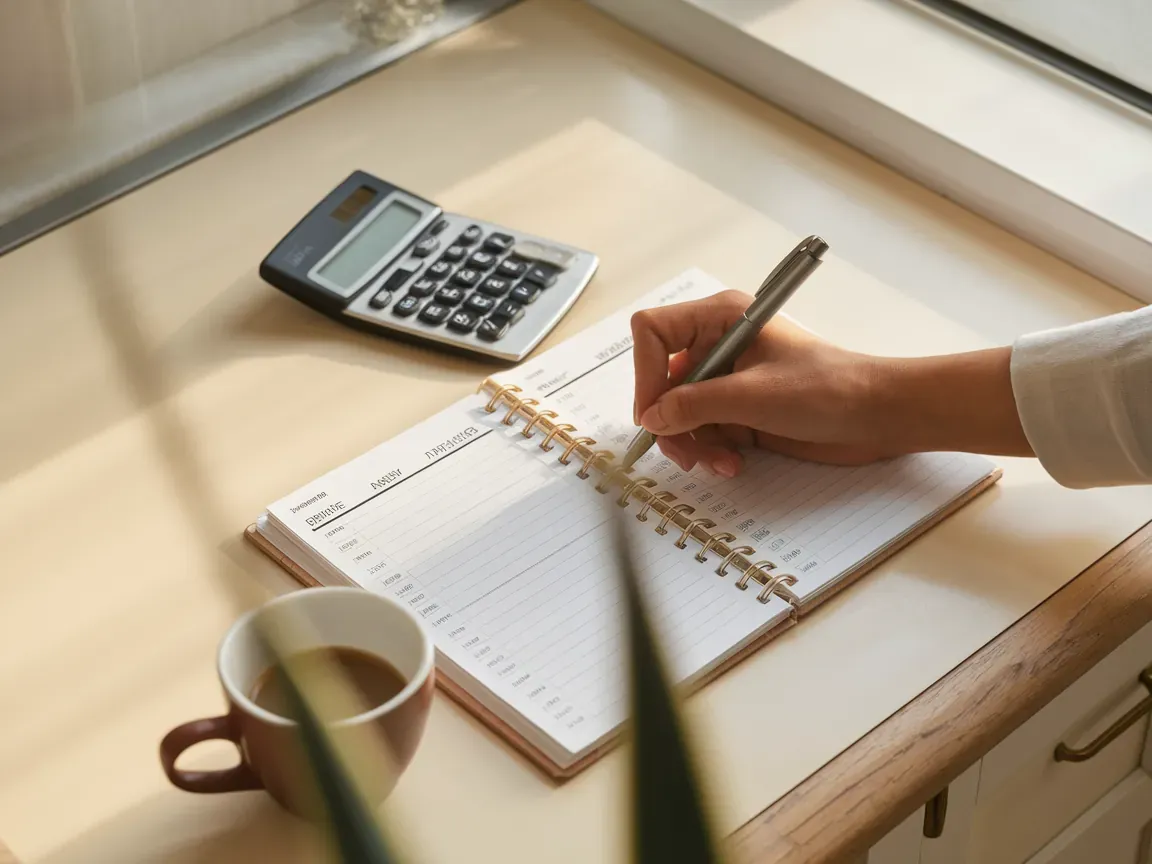 Mão feminina anotando em caderno de controle de gastos com categorias listadas, calculadora simples e xícara de café em mesa de madeira.